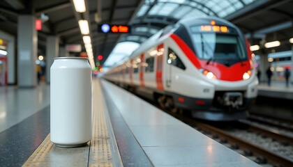 A white drink can mockup stands on a train station platform against parked hi-speed train