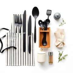 Restaurant menu design with a set of isolated silver cutlery including forks, spoons, and knives on a white table