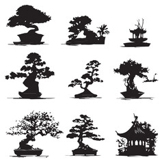 bonsai tree silhouette set, Black & White silhouette set