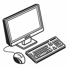 Fototapeta premium Black desktop PC workstation with keyboard, mouse, and monitor on an office desk illustrating computer hardware technology