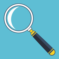 A vector magnifying glass icon depicts a white optical search tool with a metal lens, isolated for exploration
