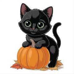 Cute Halloween Black Cat Sitting on Pumpkin Vector Illustration