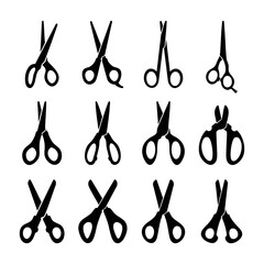 Set of scissor icon silhouette. Black and white clip art vector illustration