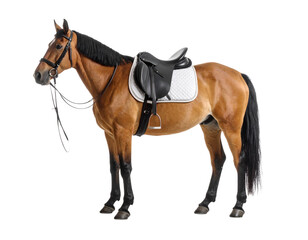 Fototapeta premium Brown horse with saddle isolated on white background.