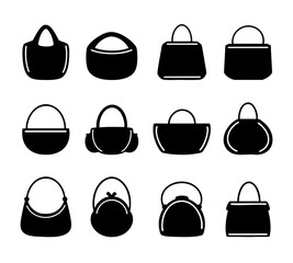 Set of handbag icon silhouette. Black and white clip art vector illustration