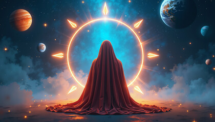 Hooded figure in cosmic scene with glowing circle, symbolizing astrology and numerology