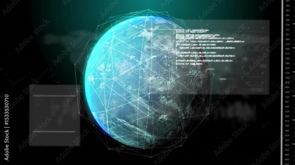 Poster upon startup globe rotating with mesh glowing, panels sliding, code scrolling for data insights