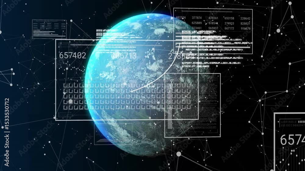 Poster Opening view showing rotating Earth, panels materializing and updating data for network display