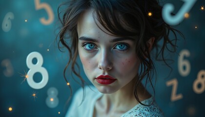 Introspective woman with cosmic numbers on blue background representing astrology numerology