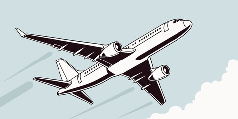 Monochrome Airplane Ascending Through the Sky with Clouds Depicting Air Travel and Modern Transportation Featuring a Stylized Design and a Sense of Freedom and Adventure