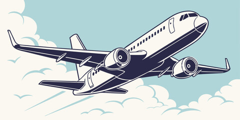 Stylized Airplane Ascending Through Cloudy Skies A Retro Aviation Illustration with a Modern Twist Perfect for Travel Design or Transportation Related Projects and Creative Visuals