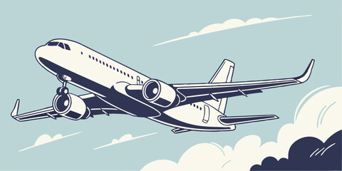 A stylized illustration of a passenger airplane taking off against a light blue sky with wispy clouds rendered in a limited color palette with bold