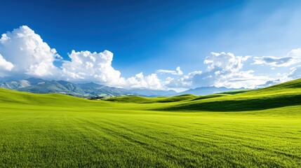 Obraz premium A vast, green empty pastureland with gentle rolling hills and distant mountains under a bright sunny sky.