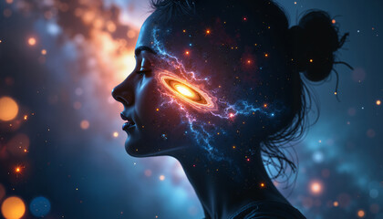 Woman with Cosmic Vision, Mystical Aura in Enigmatic Space, Spiritual Enlightenment