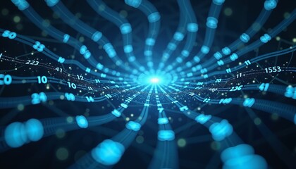 Abstract digital vortex with glowing numbers, blue theme, representing technology and data