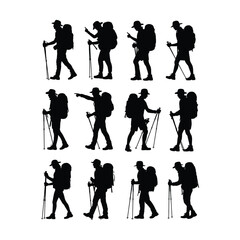 Fototapeta premium Black silhouette collection of hikers in outdoor adventure poses with backpacks and trekking poles