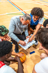 Basketball coach explaining game strategy to players on court