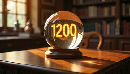 Illuminated crystal ball with glowing numbers in warm library, mystical symbolism