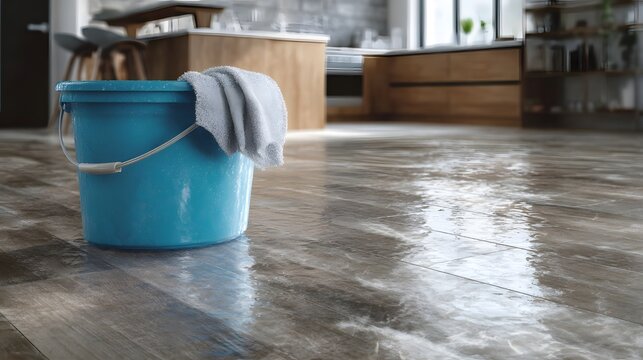 A mop bucket with freshly cleaned water in a modern kitchen