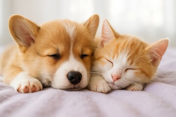 Obraz premium Sleeping Puppy and Kitten