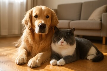 Dog and Cat Together on Floor