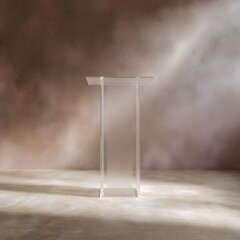 Transparent acrylic podium floating on a misty floor