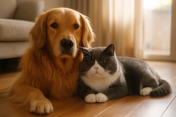 Golden Retriever and Cat Laying on Floor