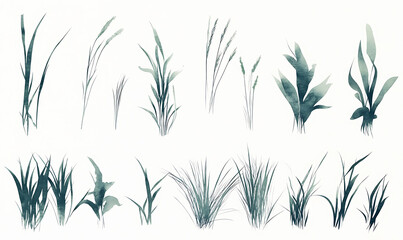 Naklejka premium Highly detailed illustrations of various trees, leaves, grasses, and botanical elements, featuring realistic, minimalist, and abstract compositions on a white background.