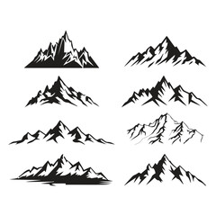 Fototapeta premium Black and white mountain silhouette collection with sharp peaks and snow-covered ranges