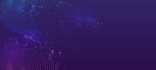 Abstract background with concentric circles and particle effects in purple hue