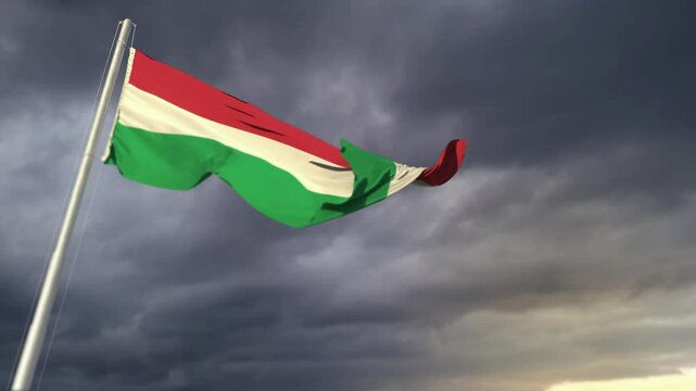 Hungary flag waving on massive sunset clouds at thunderstorm forecast bg
