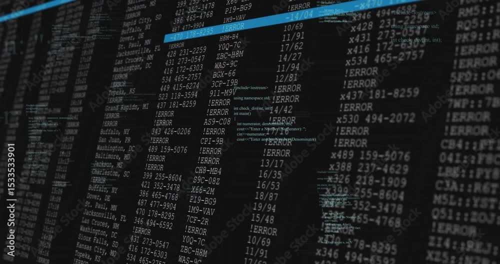 Poster floating c++ snippets initiating table reveal highlight bar moving through error rows for analysis