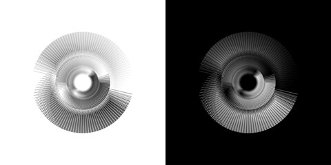 Dynamic abstract spiral sound wave rhythm lines. Circular spiral sound wave rhythm of lines. Circular futuristic abstract lines, black and white background.
