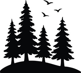 Silhouette pine trees with flying birds vector illustration