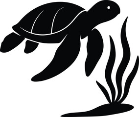 Silhouette sea turtle with seaweed flat design vector illustration