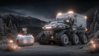 Futuristic vehicle and robot in a snowy landscape at night