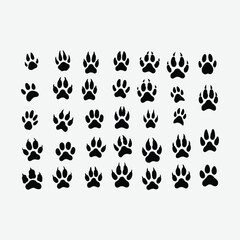 Obraz premium A clean vector collection of black animal paw print silhouettes featuring bears, cats, birds. Ideal for educational, graphic, or design use. Isolated on white background.