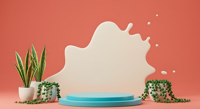 A glossy turquoise podium on a solid coral red background, with a bold cream splash behind it, surrounded by potted snake plants and trailing green vines.