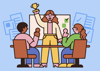 Fototapeta premium Team lead raises the winning cup while team members giving her applauses. Concept of teamwork, accomplishment 