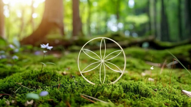 Sacred geometry symbol on lush green mossy forest floor with sunlight shining through trees, creating a peaceful, natural, and spiritual scene