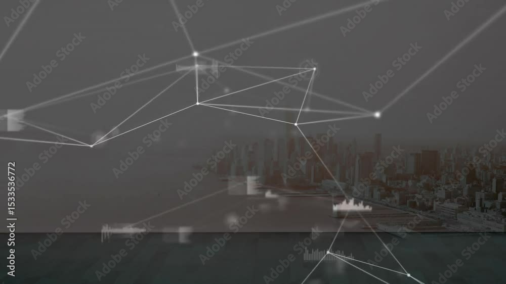 Poster node appearing initiating network expanding glowing nodes linking skyline emerging visualizing data