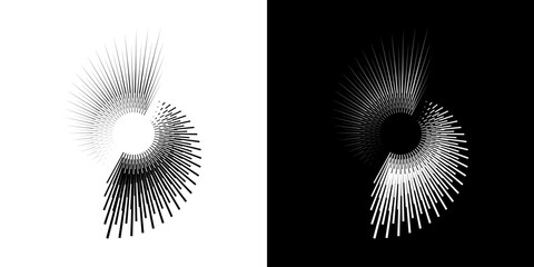 Dynamic abstract spiral sound wave rhythm lines. Circular spiral sound wave rhythm of lines. Circular futuristic abstract lines, black and white background.