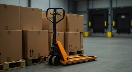 Orange pallet jack with cardboard boxes stacked on wooden pallets in warehouse facility. Material handling equipment and logistics operations concept
