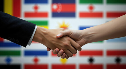 Business handshake with international flags background showing diplomatic cooperation and global partnership. International relations and trade agreement concept