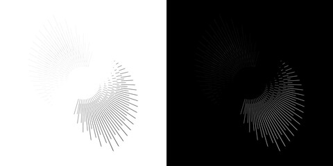 Dynamic abstract spiral sound wave rhythm lines. Circular spiral sound wave rhythm of lines. Circular futuristic abstract lines, black and white background.