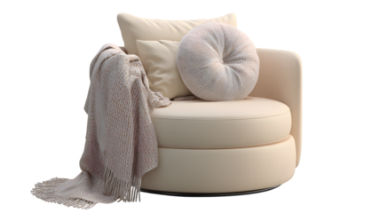 Modern and elegant cream colored swivel chair with pillows and a blanket for relaxation and comfort