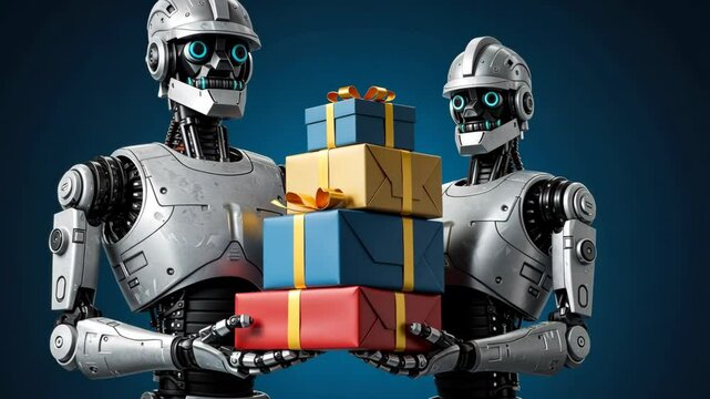 Two robots are happily sharing a stack of colorful gifts with golden ribbons.