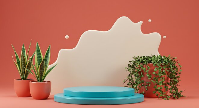 A glossy turquoise podium on a solid coral red background, with a bold cream splash behind it, surrounded by potted snake plants and trailing green vines.