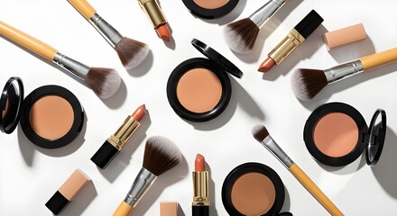 Elegant Flatlay of Nude and Coffee-Toned Makeup Products – Beauty Product Photography