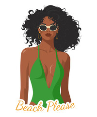 Stylish African American woman in green swimsuit, sunglasses and hoop earrings. Summer fashion sticker with “Beach Please” quote. Perfect for travel, vacation and beach designs.